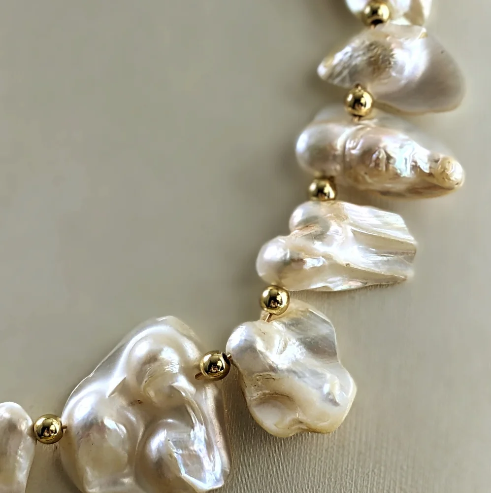 White Irregular Keshi Pearls In Classic 18K Gold  Plated Paperclip Necklace - Picture 5 of 9